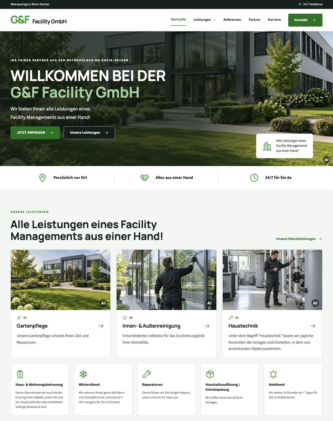 Neue Startseite der G&F Facility GmbH mit Gebäudemotiv und direktem Einstieg zu Leistungen und Anfrage