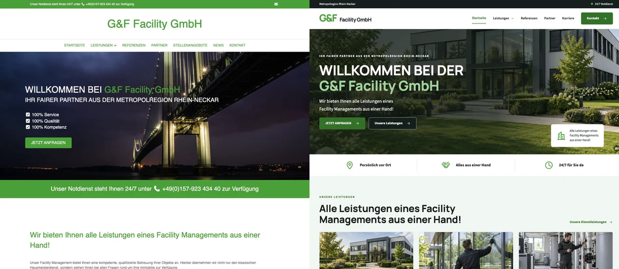 Alte und neue Startseite der G&F Facility GmbH nebeneinander