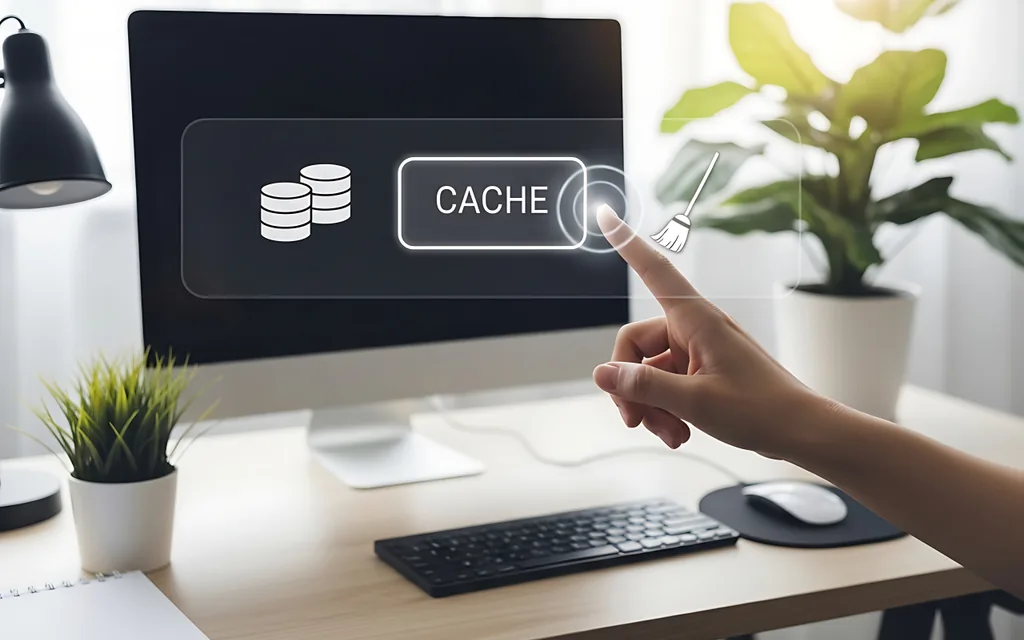 Hand zeigt auf eine eingeblendete Cache-Schaltfläche auf einem Computerbildschirm