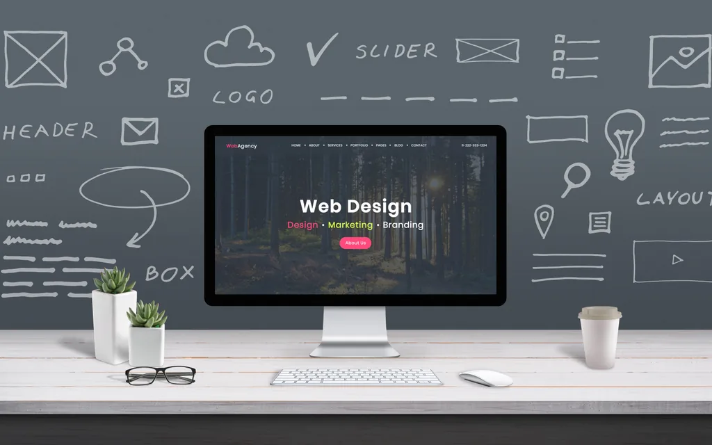 Monitor mit Website-Entwurf und Skizzen zur individuellen Webgestaltung